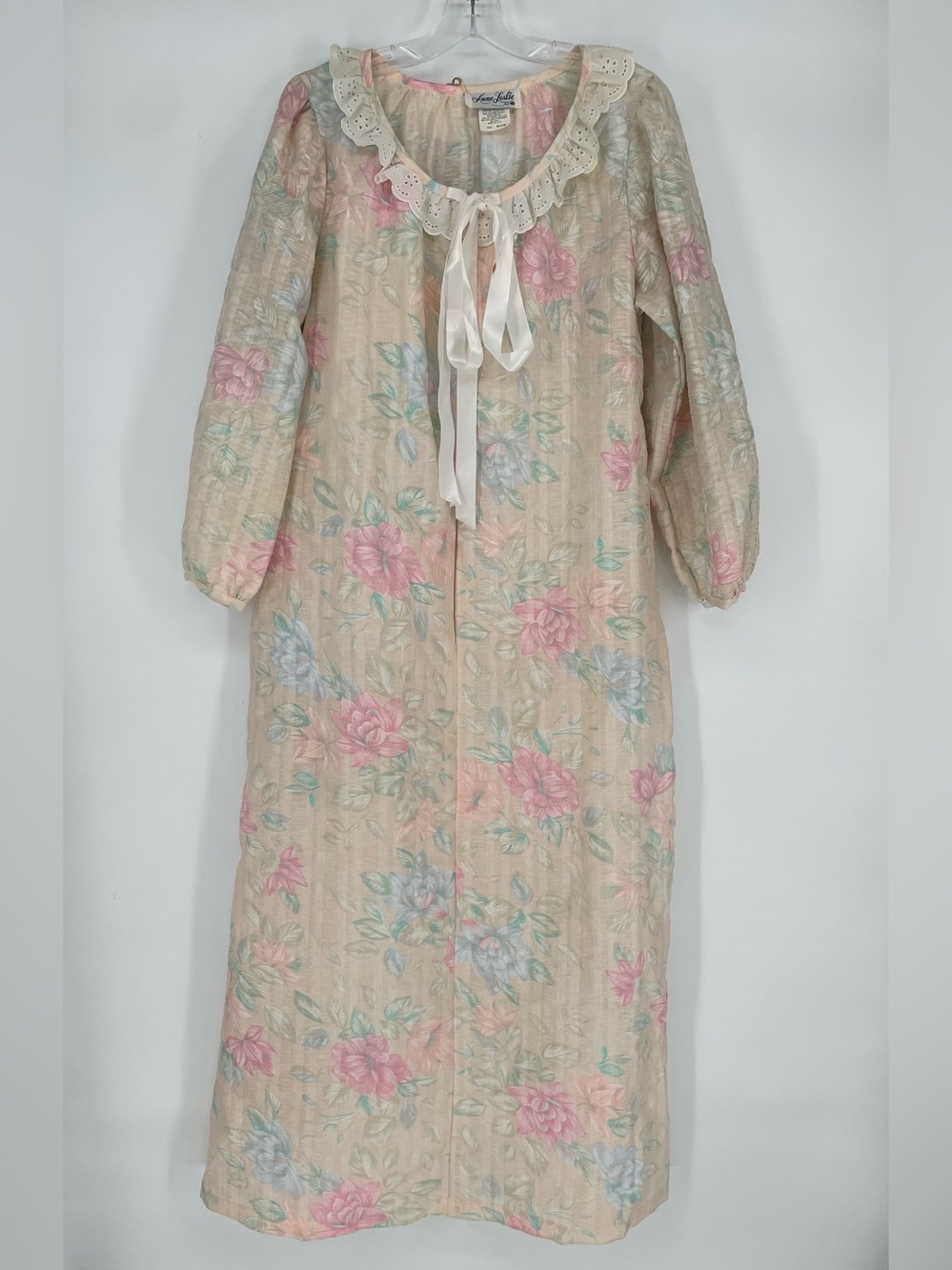 Vtg Anne Leslie Pastel Muted Floral 80s Textured Maxi House Coat PJs Zip Front